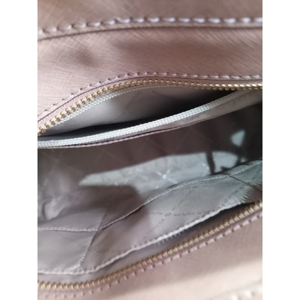 Michael Kors Dillon Saffiano Leather Satchel Crossbody Bag Tan Gold Hardware